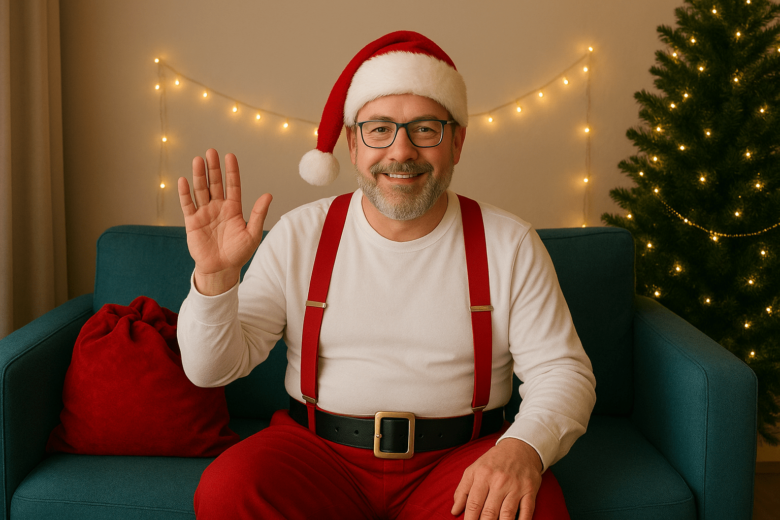 Modern Santa on a video call from the North Pole, wearing red braces and a Santa hat, seated on a teal sofa